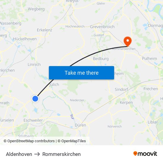 Aldenhoven to Rommerskirchen map