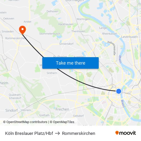 Köln Breslauer Platz/Hbf to Rommerskirchen map