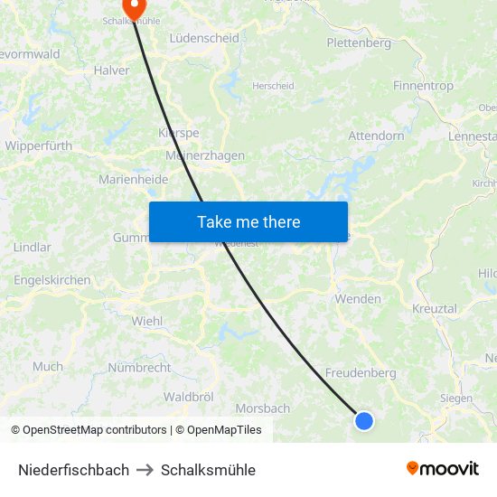 Niederfischbach to Schalksmühle map