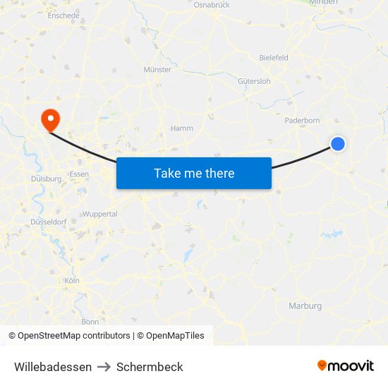 Willebadessen to Schermbeck map