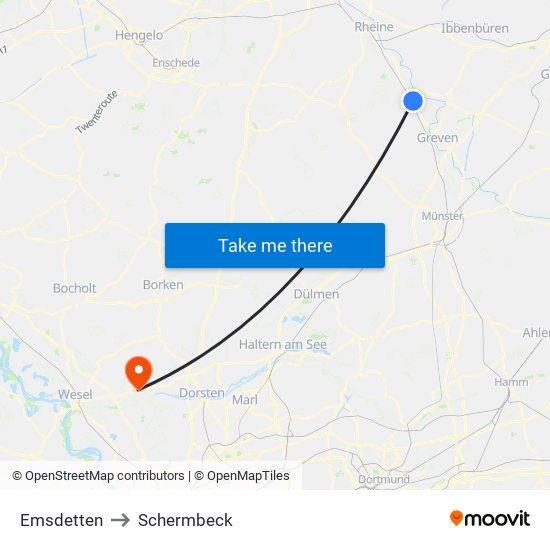 Emsdetten to Schermbeck map