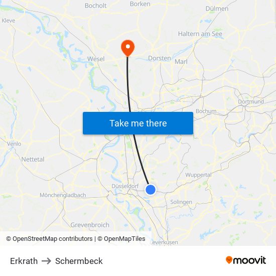 Erkrath to Schermbeck map