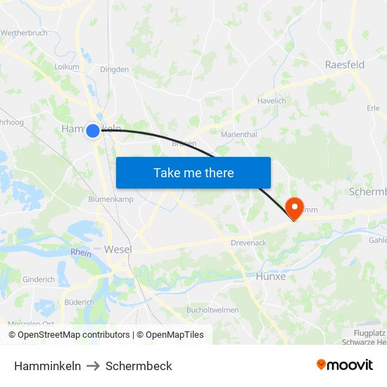 Hamminkeln to Schermbeck map