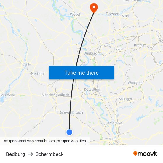 Bedburg to Schermbeck map