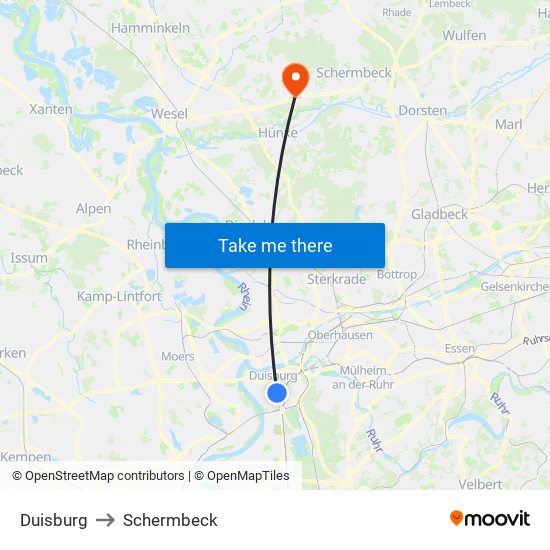 Duisburg to Schermbeck map