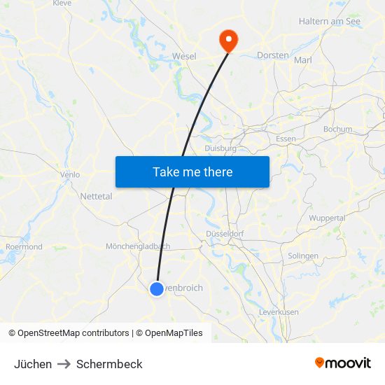 Jüchen to Schermbeck map