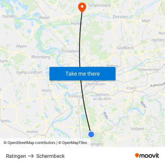 Ratingen to Schermbeck map