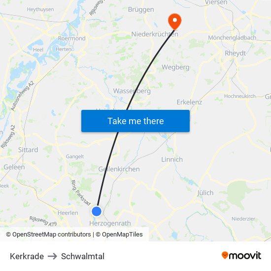 Kerkrade to Schwalmtal map