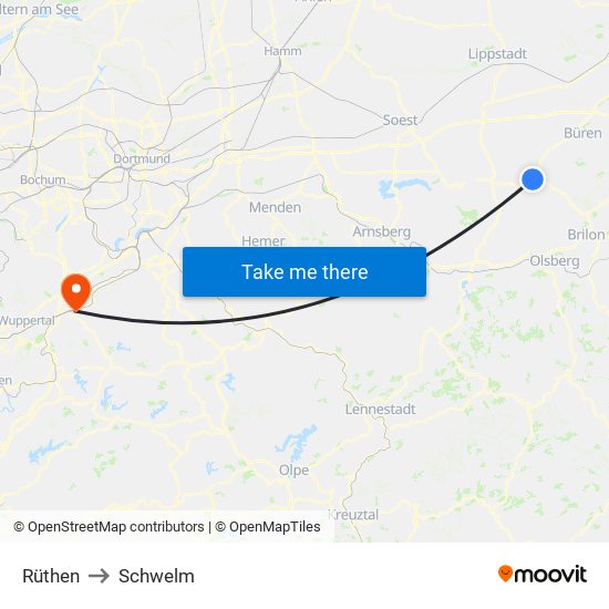 Rüthen to Schwelm map