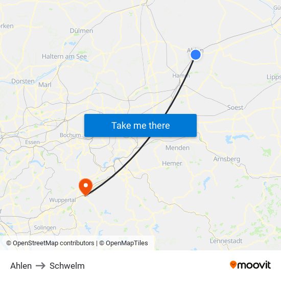 Ahlen to Schwelm map