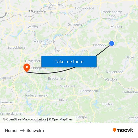 Hemer to Schwelm map