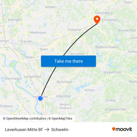 Leverkusen Mitte Bf to Schwelm map