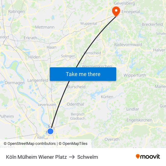 Köln Mülheim Wiener Platz to Schwelm map