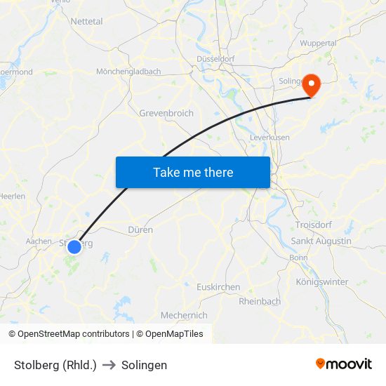 Stolberg (Rhld.) to Solingen map