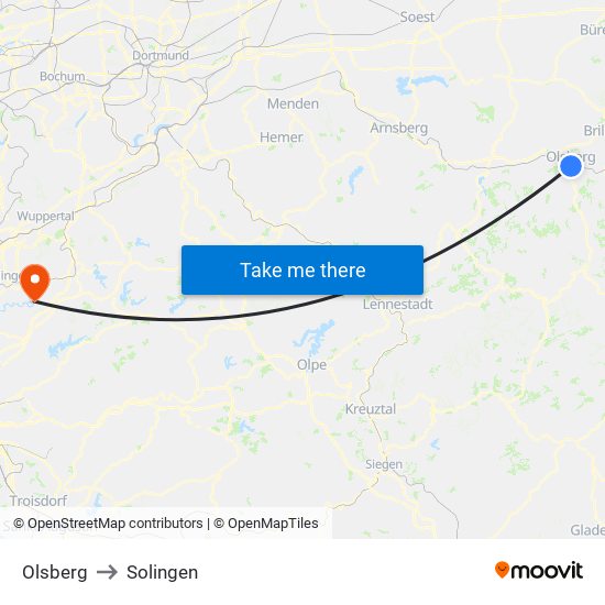 Olsberg to Solingen map