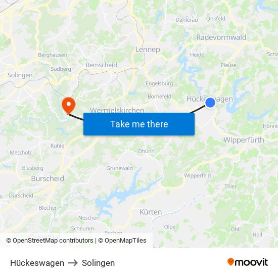 Hückeswagen to Solingen map