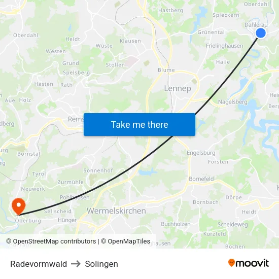 Radevormwald to Solingen map
