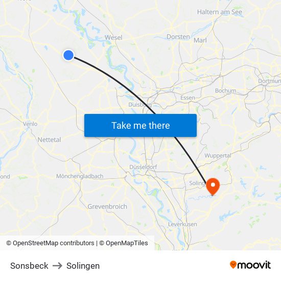 Sonsbeck to Solingen map