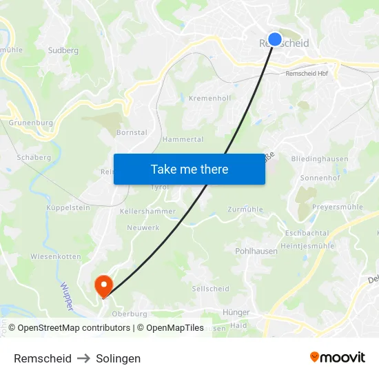 Remscheid to Solingen map