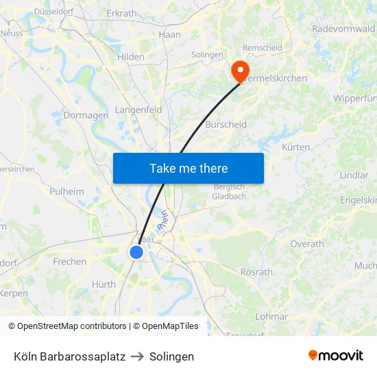 Köln Barbarossaplatz to Solingen map
