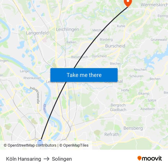 Köln Hansaring to Solingen map