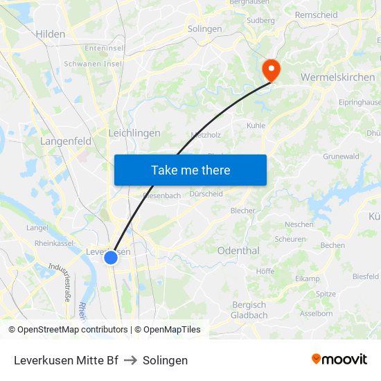 Leverkusen Mitte Bf to Solingen map