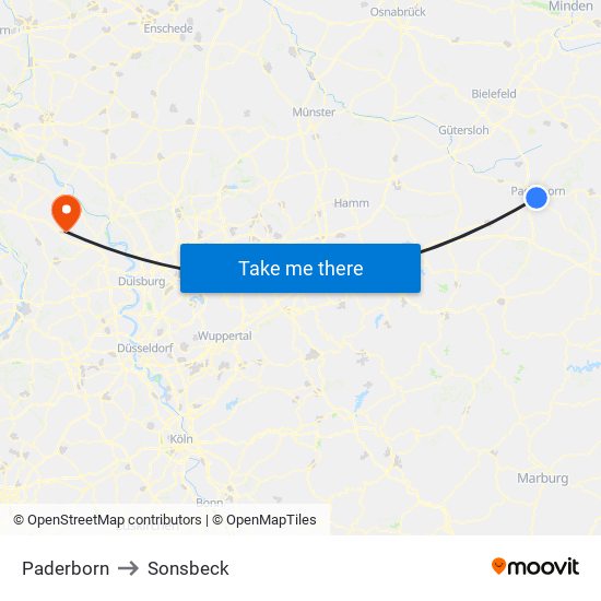 Paderborn to Sonsbeck map