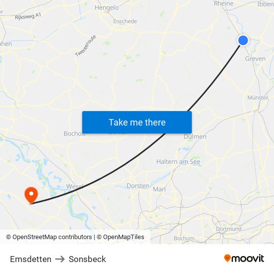 Emsdetten to Sonsbeck map