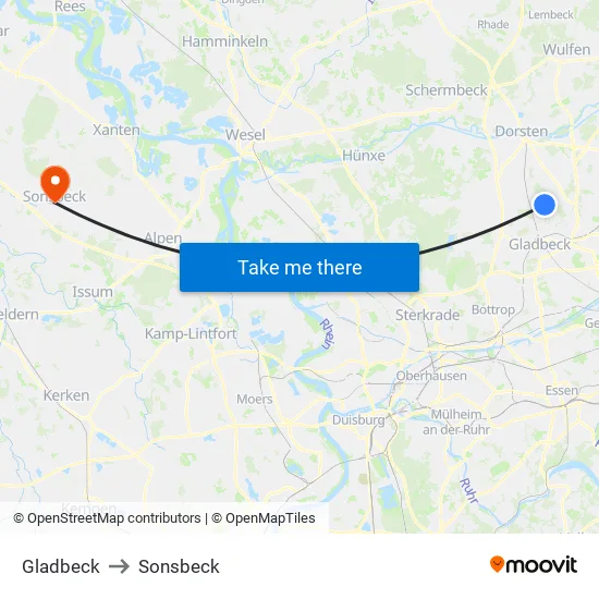 Gladbeck to Sonsbeck map
