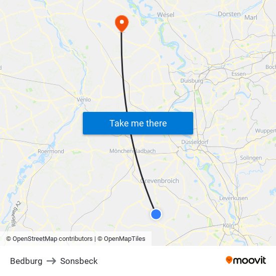 Bedburg to Sonsbeck map