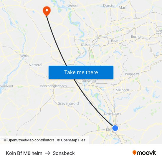 Köln Bf Mülheim to Sonsbeck map