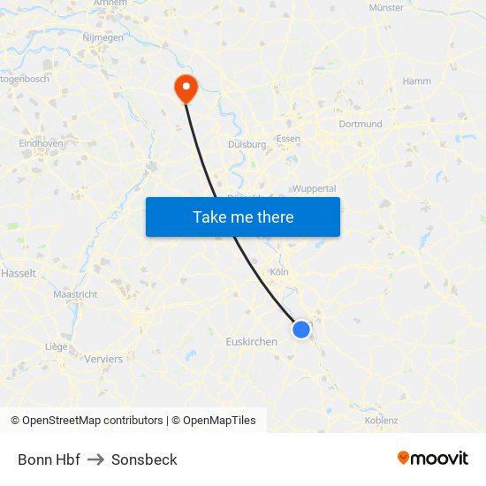 Bonn Hbf to Sonsbeck map