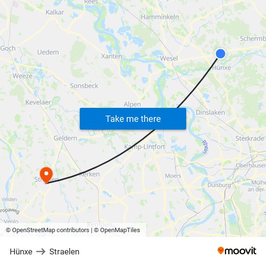 Hünxe to Straelen map
