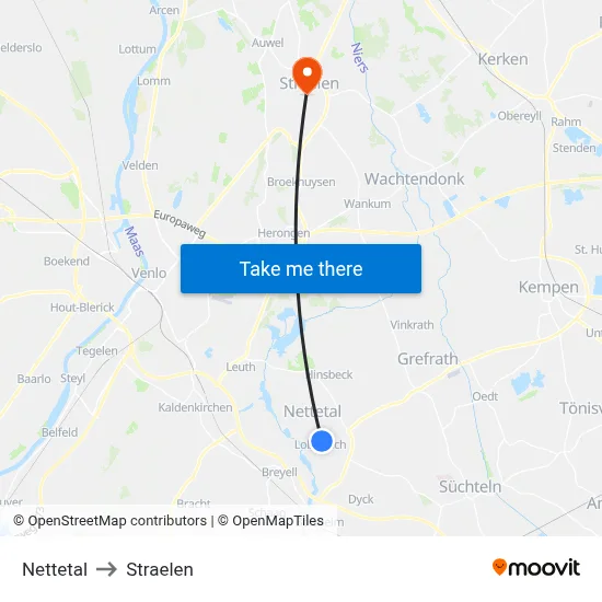 Nettetal to Straelen map