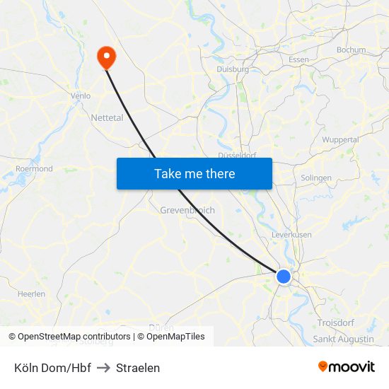 Köln Dom/Hbf to Straelen map