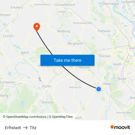 Erftstadt to Titz map