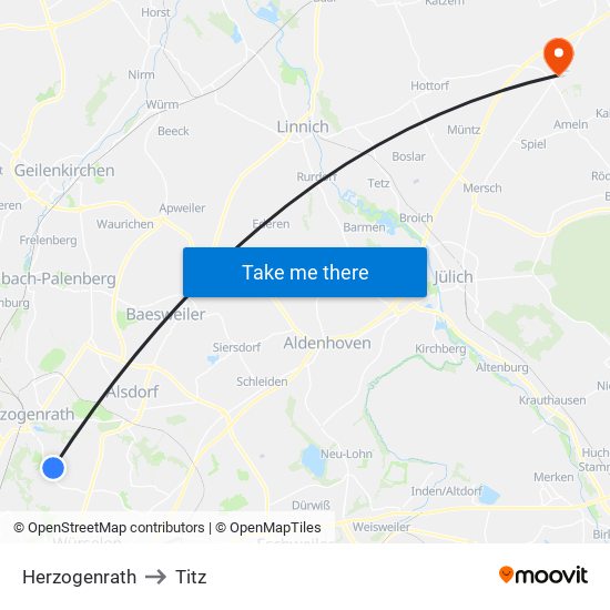 Herzogenrath to Titz map