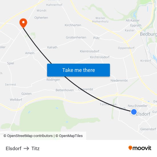 Elsdorf to Titz map