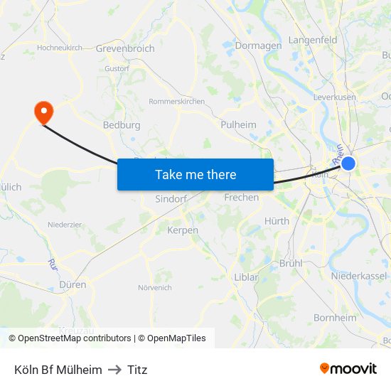 Köln Bf Mülheim to Titz map