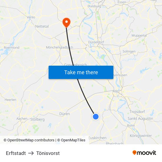 Erftstadt to Tönisvorst map