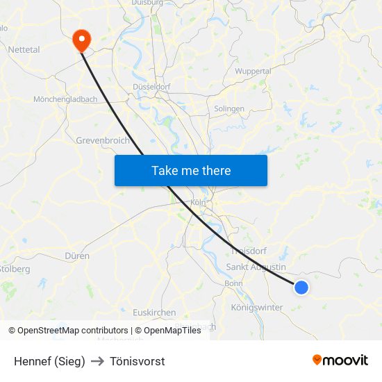 Hennef (Sieg) to Tönisvorst map