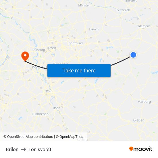 Brilon to Tönisvorst map