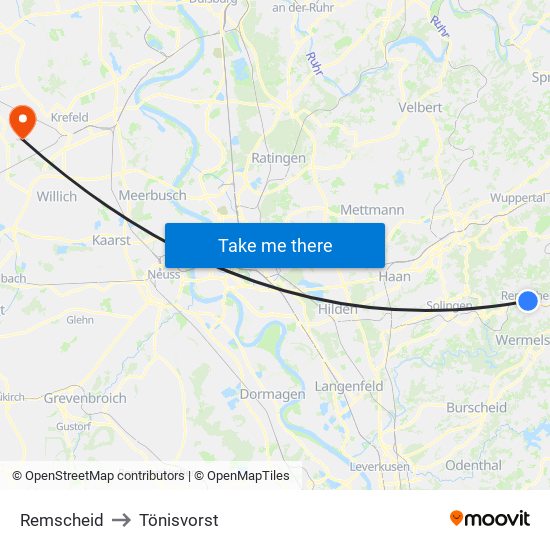 Remscheid to Tönisvorst map