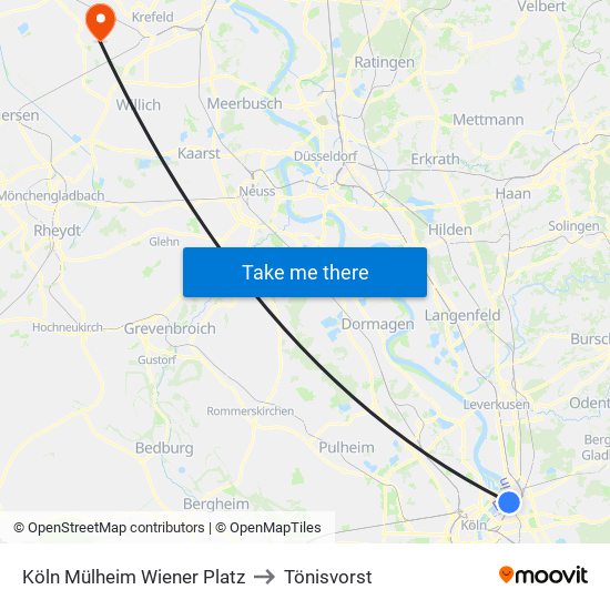 Köln Mülheim Wiener Platz to Tönisvorst map