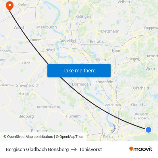 Bergisch Gladbach Bensberg to Tönisvorst map