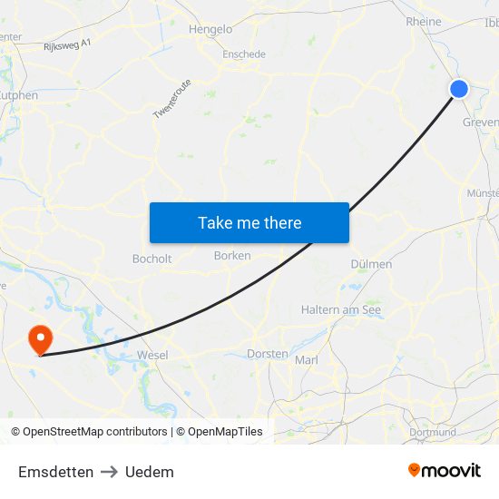 Emsdetten to Uedem map