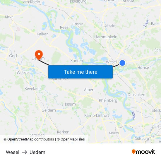 Wesel to Uedem map