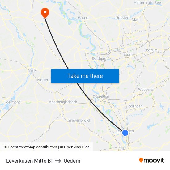 Leverkusen Mitte Bf to Uedem map