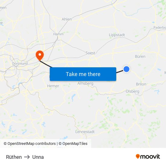 Rüthen to Unna map
