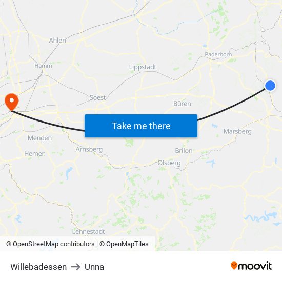 Willebadessen to Unna map